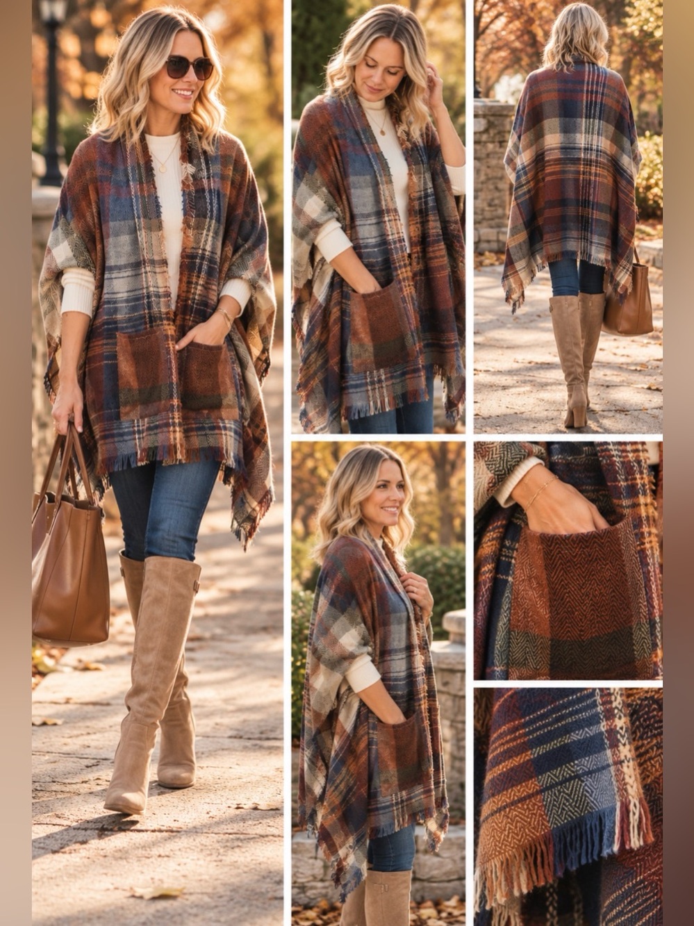 Plaid Fringe Ruana Poncho - Brown & Blue